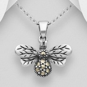 925 Sterling Silver Marcasite Oxidized Bee Pendant